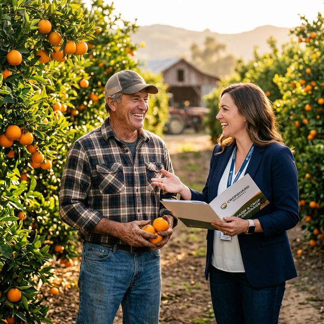 Agente de seguros con agricultor, cercanía y confianza